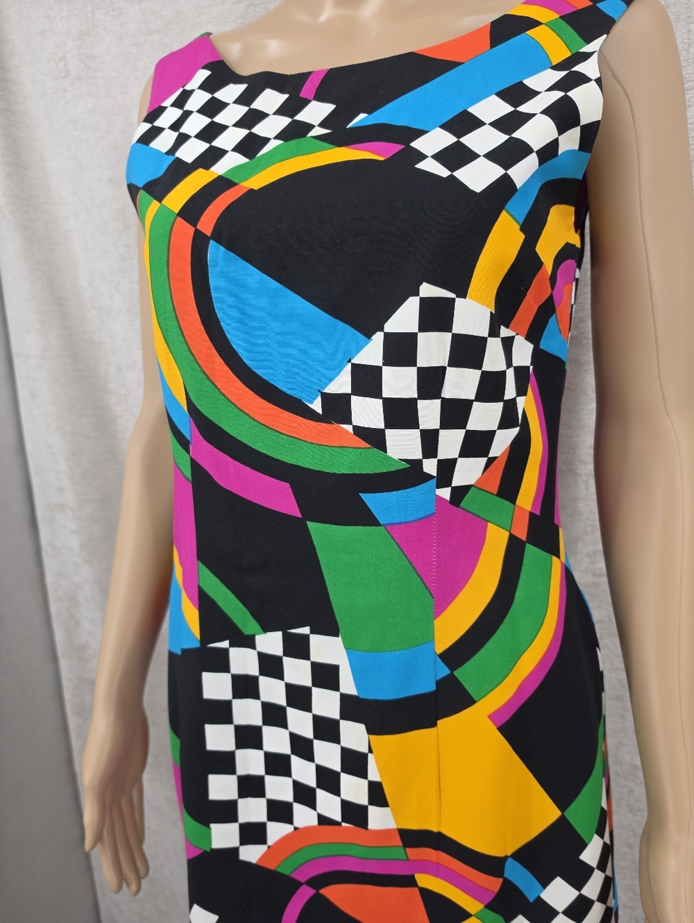 Vintage 80s Colorful Checkered Geometric Print Sleeveless Sheath Midi Dress - Picture 6 of 14